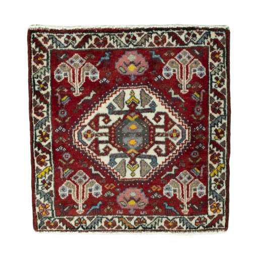 Full view of 2000s Shiraz rug from Iran / Persia, 58 × 60 cm in Red tones