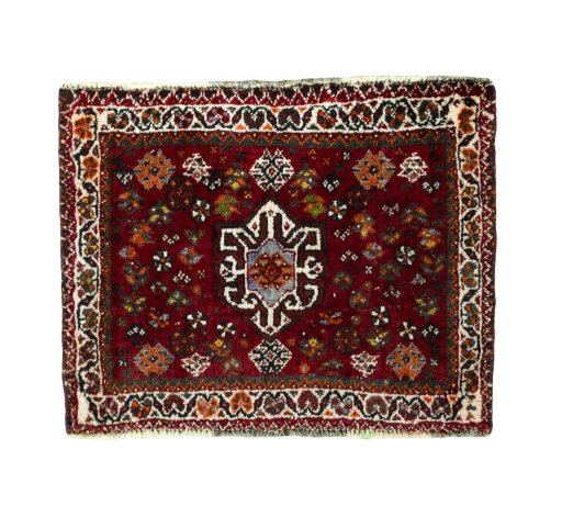 Full view of 2000s Shiraz rug from Iran / Persia, 53 × 68 cm in Red tones
