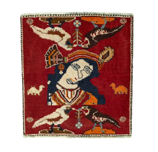 Full view of 2000s Shiraz rug from Iran / Persia, 62 × 57 cm in Red tones