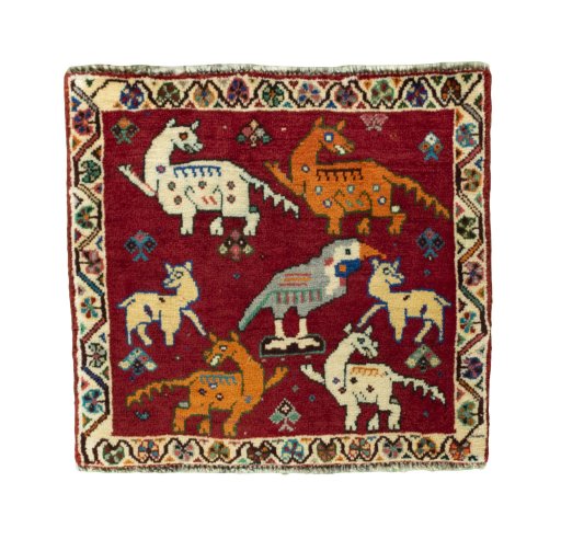 Full view of 2000s Shiraz rug from Iran / Persia, 53 × 57 cm in Red tones