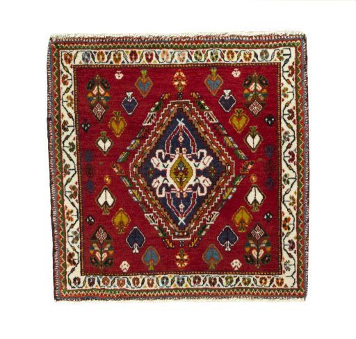 Full view of 2000s Shiraz rug from Iran / Persia, 63 × 63 cm in Red tones