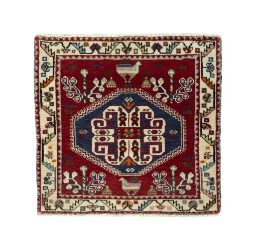 Full view of 2000s Shiraz rug from Iran / Persia, 60 × 63 cm in Red tones