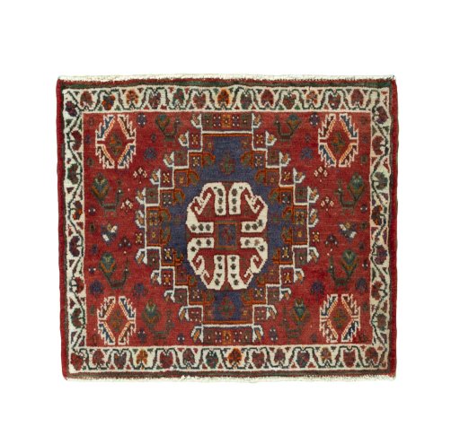 Full view of 2000s Shiraz rug from Iran / Persia, 57 × 64 cm in Red tones