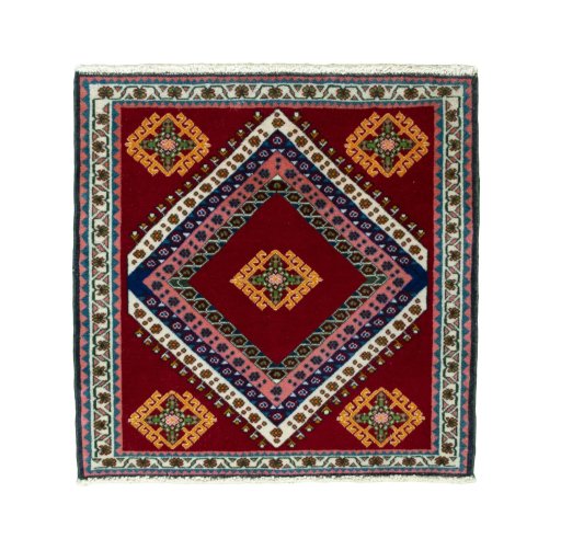 Full view of 2000s Shiraz rug from Iran / Persia, 63 × 63 cm in Red tones
