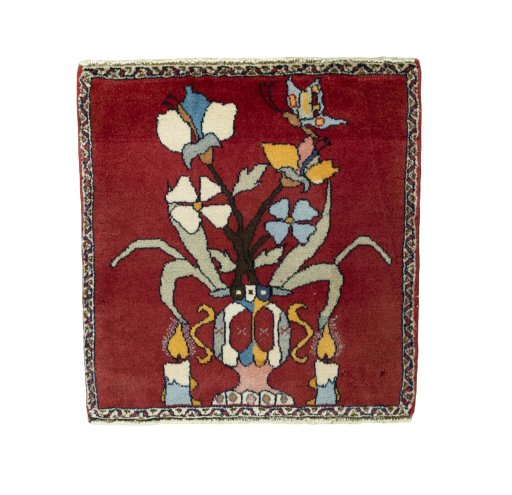 Full view of 2000s Shiraz rug from Iran / Persia, 60 × 57 cm in Red tones