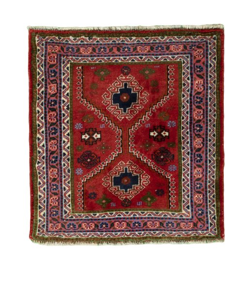 Full view of 2000s Shiraz rug from Iran / Persia, 75 × 68 cm in Red tones