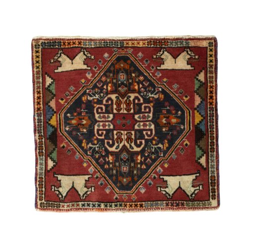 Full view of 2000s Shiraz rug from Iran / Persia, 60 × 63 cm in Red tones