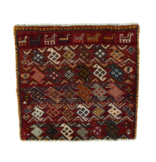 Full view of 2000s Shiraz rug from Iran / Persia, 53 × 55 cm in Red tones