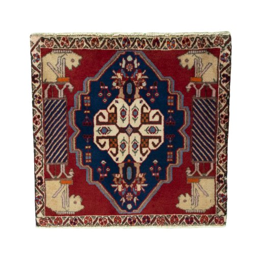 Full view of 2000s Shiraz rug from Iran / Persia, 64 × 65 cm in Red tones