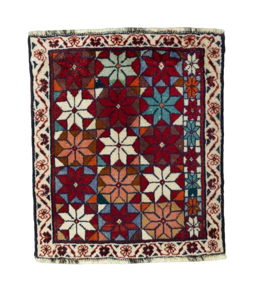 Full view of 2000s Shiraz rug from Iran / Persia, 64 × 54 cm in Red tones