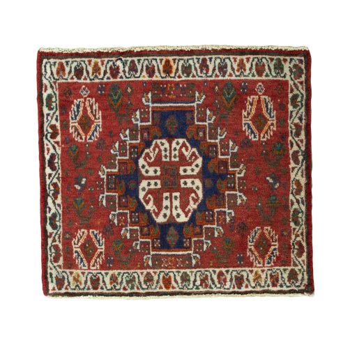 Full view of 2000s Shiraz rug from Iran / Persia, 56 × 62 cm in Red tones