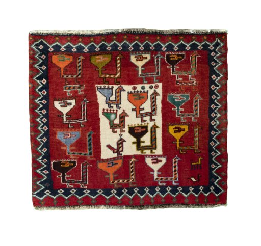Full view of 2000s Shiraz rug from Iran / Persia, 54 × 62 cm in Red tones