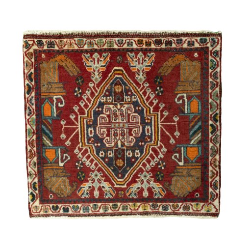 Full view of 2000s Shiraz rug from Iran / Persia, 59 × 65 cm in Red tones