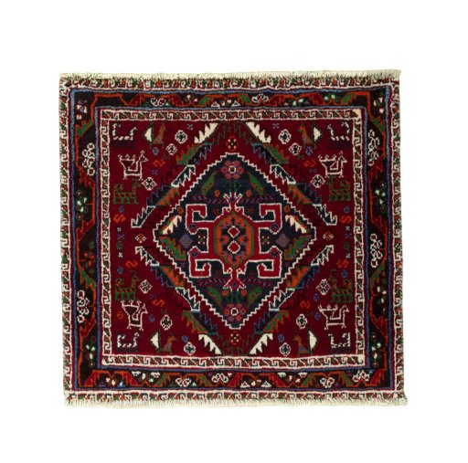 Full view of 2000s Shiraz rug from Iran / Persia, 56 × 60 cm in Red tones