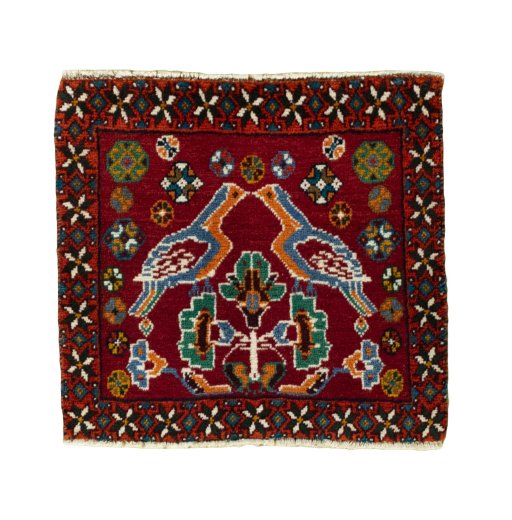 Full view of 2000s Shiraz rug from Iran / Persia, 48 × 50 cm in Red tones