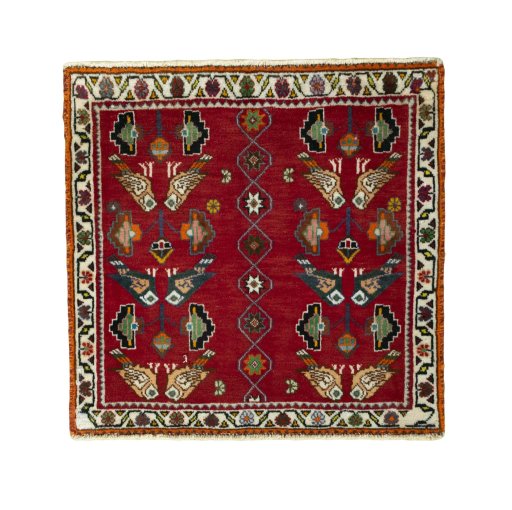 Full view of 2000s Shiraz rug from Iran / Persia, 61 × 64 cm in Red tones