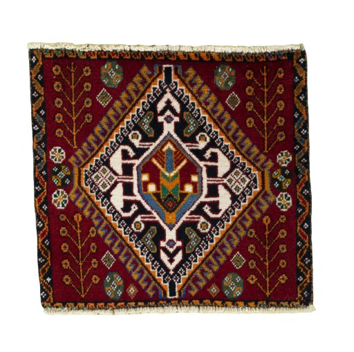 Full view of 2000s Shiraz rug from Iran / Persia, 48 × 53 cm in Red tones