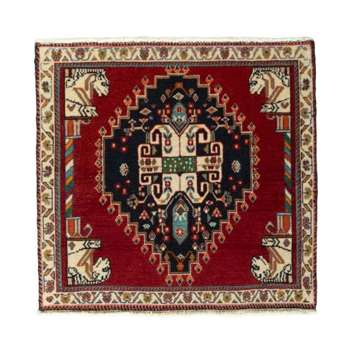 Full view of 2000s Shiraz rug from Iran / Persia, 60 × 64 cm in Red tones