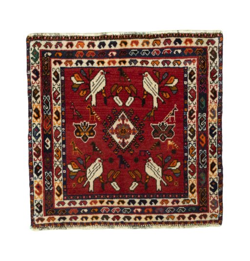Full view of 2000s Shiraz rug from Iran / Persia, 60 × 61 cm in Red tones