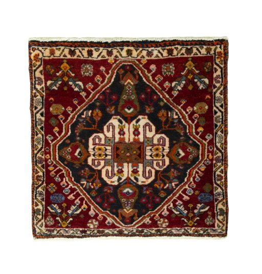Full view of 2000s Shiraz rug from Iran / Persia, 61 × 62 cm in Red tones