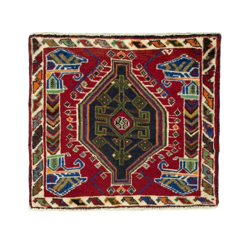 Full view of 2000s Shiraz rug from Iran / Persia, 59 × 65 cm in Red tones