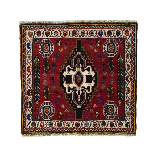 Full view of 2000s Shiraz rug from Iran / Persia, 59 × 62 cm in Red tones