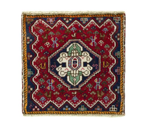 Full view of 2000s Shiraz rug from Iran / Persia, 46 × 46 cm in Red tones