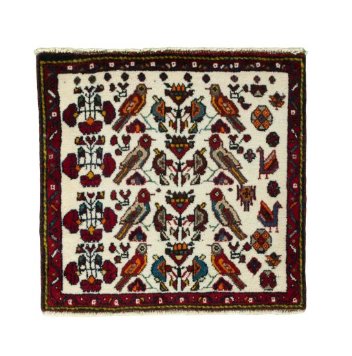 Full view of 2000s Shiraz rug from Iran / Persia, 57 × 59 cm in Red tones