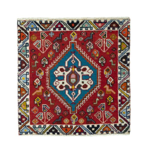 Full view of 2000s Shiraz rug from Iran / Persia, 66 × 64 cm in Red tones