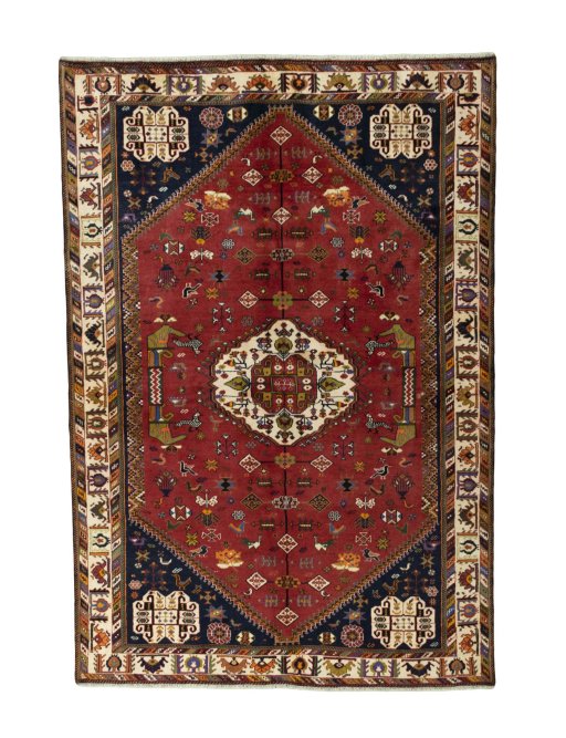 Full view of 1970s Shiraz rug from Iran / Persia, 288 × 197 cm in Red tones