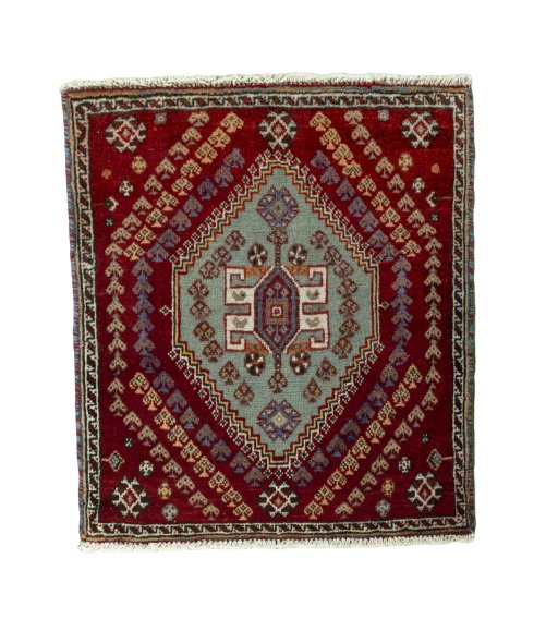 Full view of 2000s Shiraz rug from Iran / Persia, 63 × 55 cm in Red tones