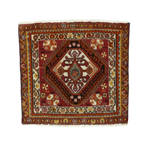 Full view of 2000s Shiraz rug from Iran / Persia, 58 × 62 cm in Red tones