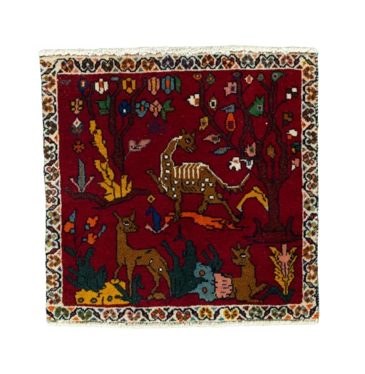 Full view of 2000s Shiraz rug from Iran / Persia, 59 × 60 cm in Red tones