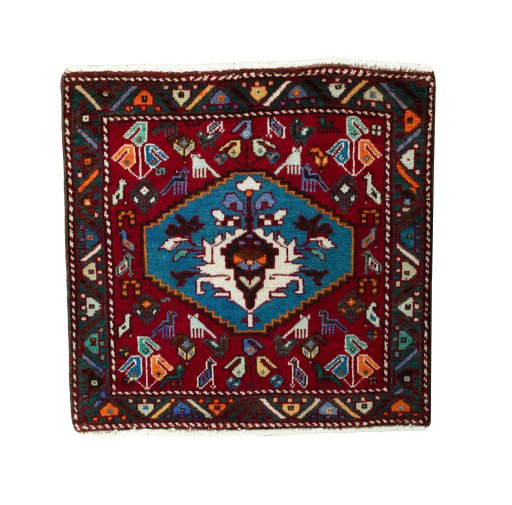 Full view of 2000s Shiraz rug from Iran / Persia, 63 × 65 cm in Red tones
