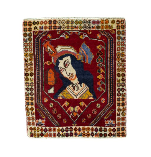 Full view of 2000s Shiraz rug from Iran / Persia, 65 × 56 cm in Red tones