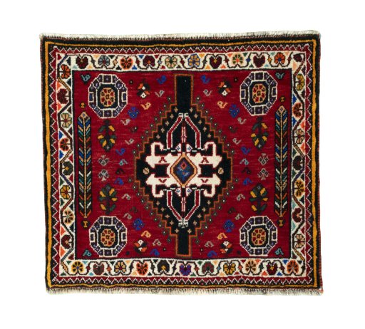 Full view of 2000s Shiraz rug from Iran / Persia, 57 × 64 cm in Red tones