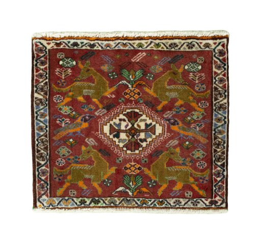 Full view of 2000s Shiraz rug from Iran / Persia, 54 × 63 cm in Red tones