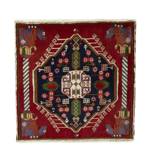 Full view of 2000s Shiraz rug from Iran / Persia, 59 × 60 cm in Red tones