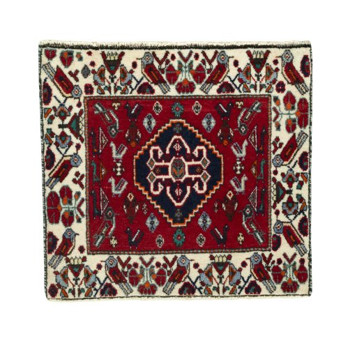Full view of 2000s Shiraz rug from Iran / Persia, 58 × 63 cm in Red tones
