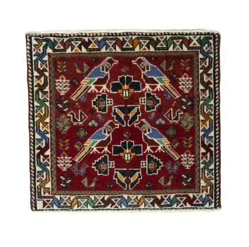 Full view of 2000s Shiraz rug from Iran / Persia, 59 × 64 cm in Red tones