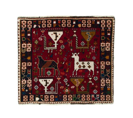 Full view of 2000s Shiraz rug from Iran / Persia, 62 × 68 cm in Red tones