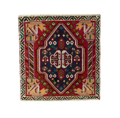 Full view of 2000s Shiraz rug from Iran / Persia, 59 × 58 cm in Red tones