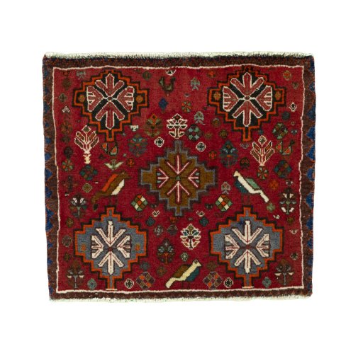 Full view of 2000s Shiraz rug from Iran / Persia, 55 × 62 cm in Red tones