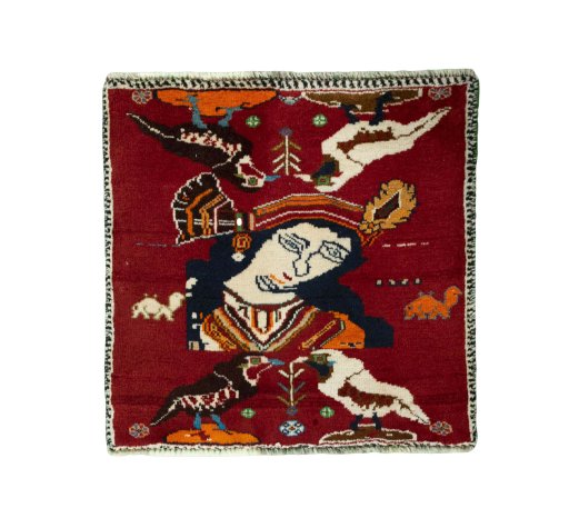 Full view of 2000s Shiraz rug from Iran / Persia, 59 × 60 cm in Red tones