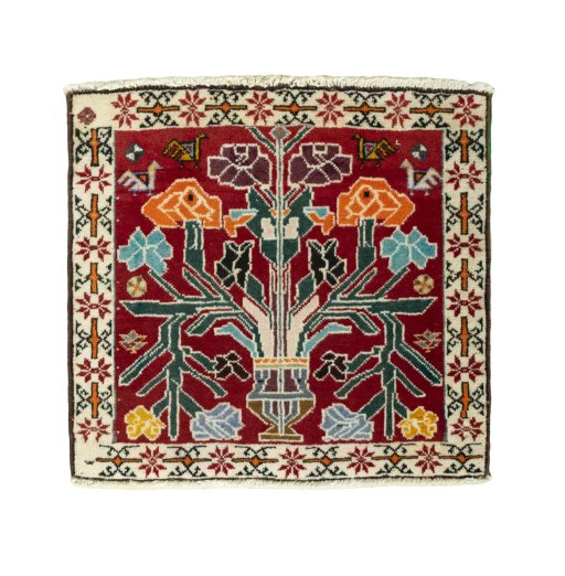 Full view of 2000s Shiraz rug from Iran / Persia, 57 × 61 cm in Red tones