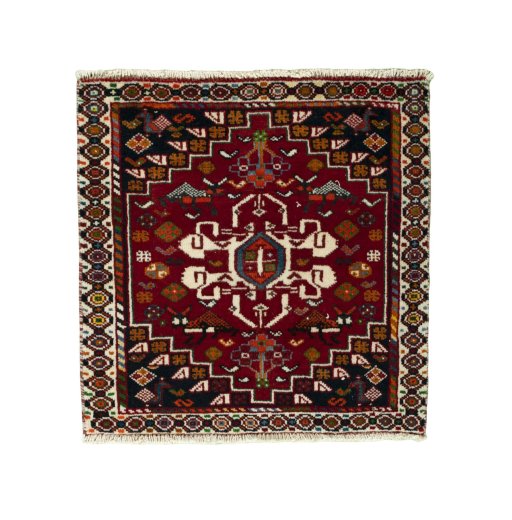 Full view of 2000s Shiraz rug from Iran / Persia, 61 × 60 cm in Red tones