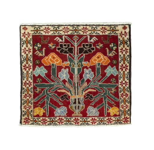 Full view of 2000s Shiraz rug from Iran / Persia, 57 × 64 cm in Red tones