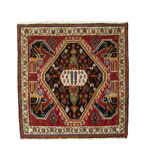 Full view of 2000s Shiraz rug from Iran / Persia, 64 × 61 cm in Red tones