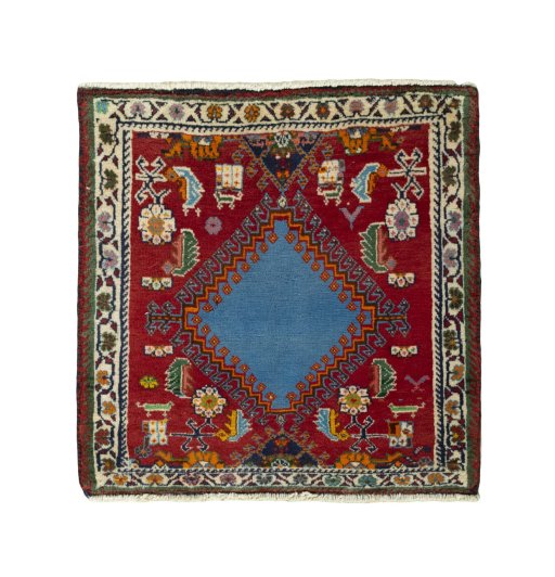 Full view of 2000s Shiraz rug from Iran / Persia, 64 × 64 cm in Red tones