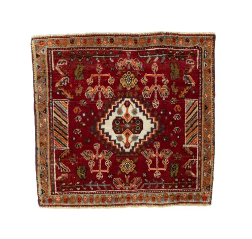 Full view of 2000s Shiraz rug from Iran / Persia, 56 × 61 cm in Red tones